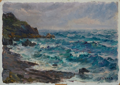 Картина Я. Басова "На берегу в непогоду" картон/масло 49х35