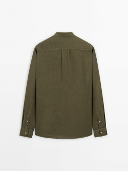 Massimo Dutti Льняная рубашка классического кроя с воротником-стойкой,  зеленый