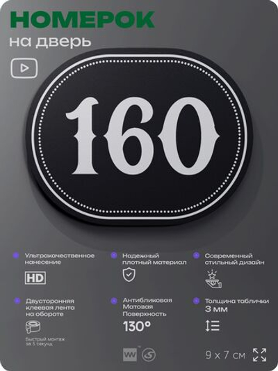 Номерок на дверь квартиры 160, для кабинета, офиса, шильдик 9 х 7 см, черный, Айдентика Технолоджи