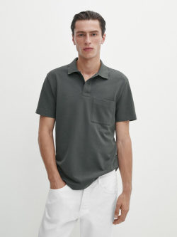 Massimo Dutti Поло из рельефного хлопка с карманом, водянисто-зеленый