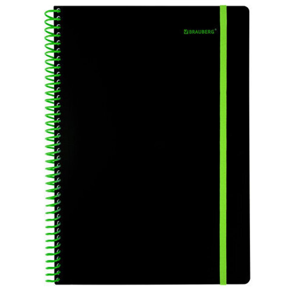 Тетрадь обложка пластик, А4 80 л., спираль пластик, резинка, клетка, BRAUBERG, черный/зеленый, 405383