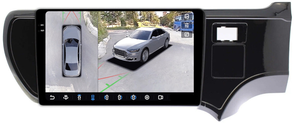 Магнитола для Toyota Aqua 2011-2021 - FarCar BX9-360-9530 монитор 9.5" 2K QLED на Android 13, 6Гб+128Гб, CarPlay, 4G SIM-слот, 4 камеры в комплекте