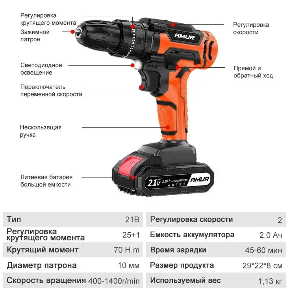 AMUR Pro Дрель-шуруповерт, 21 В, 70 Нм, 1 АКБ
