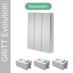 Беспроводной выключатель GRITT Evolution 3кл. серебристый комплект: 1 выкл. IP67, 3 реле 1000Вт, EV221330SL