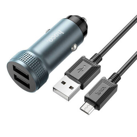 Автомобильная зарядка HOCO-Z49 12/24В-2.4А с кабелем MicroUSB серый