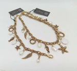 Колье с подвесами:морская звезда, лягушка,крыло,морской конек, барочный жемчуг,оттенок золото антик