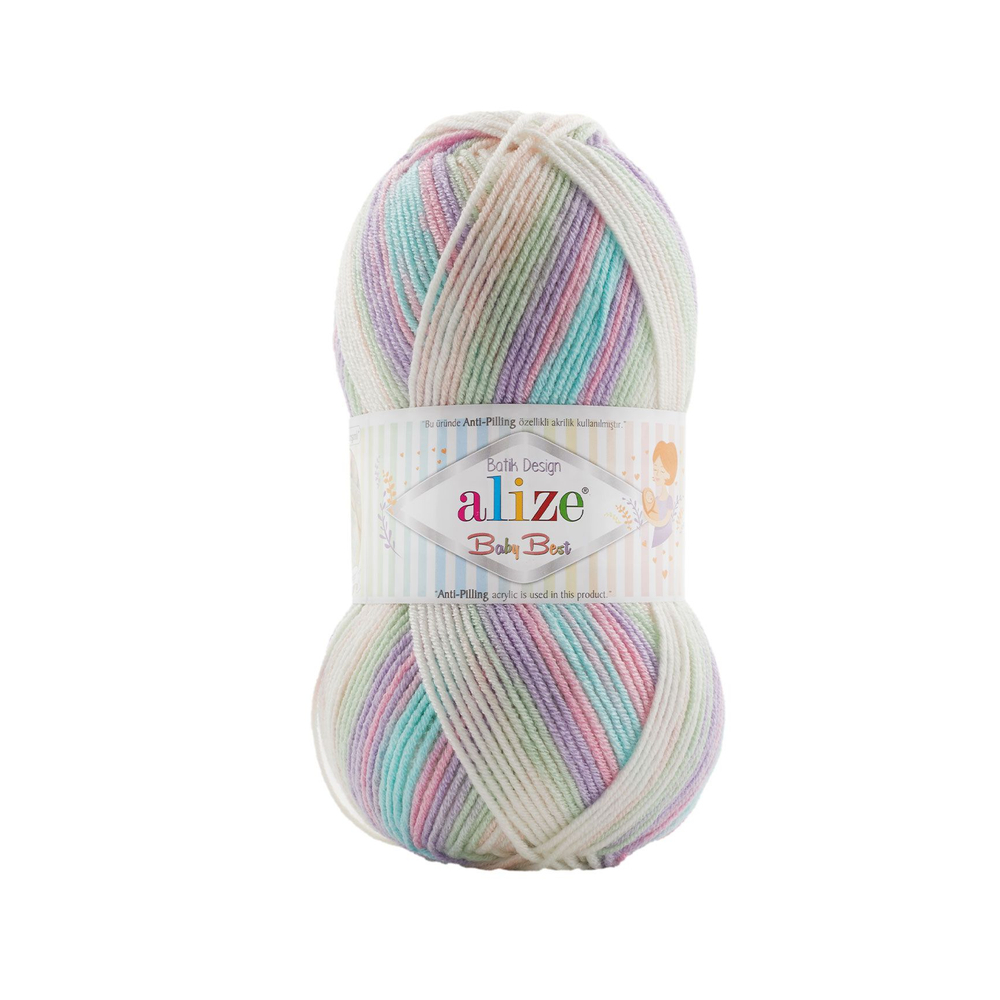 Беби бест батик (Baby best batik) пряжа Alize 10% бамбук 90%акрил 5х100г/240м 7936 белый-мята-бирюза-розовый-сирень