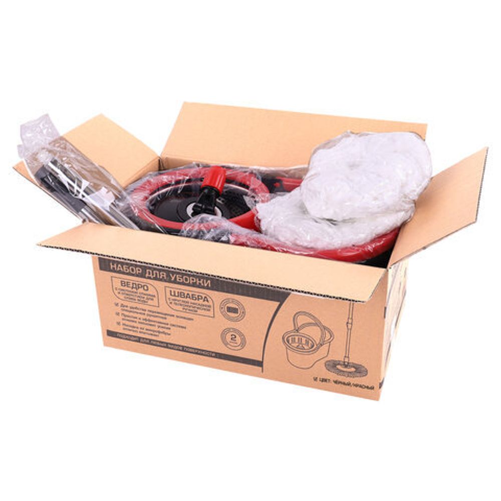 Комплект для уборки: швабра, ведро 7 л/5 л с отжимом центрифуга, 2 насадки, черный, LAIMA, 607487