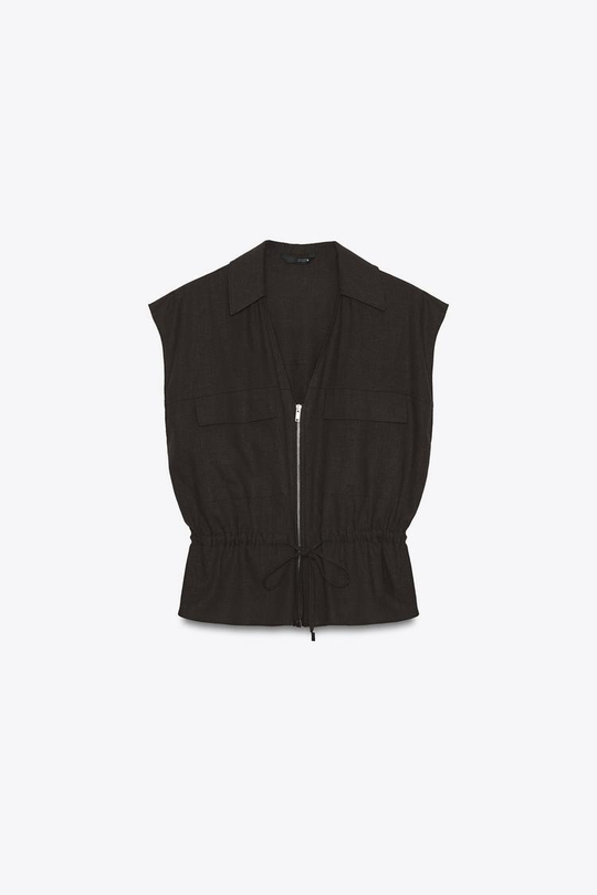 ZARA ЖИЛЕТ ИЗ ЛЬНА, КОРИЧНЕВЫЙ