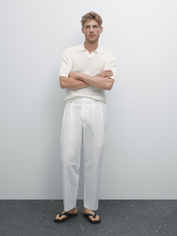 Massimo Dutti Поло с V-образным вырезом и ажурной отделкой, белый