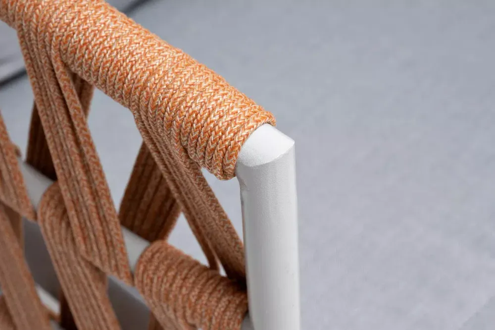 "Диего" диван 2-местный плетеный из роупа, каркас алюминий светло-серый (RAL7035) муар, роуп оранжевый меланж круглый, ткань светло-серая