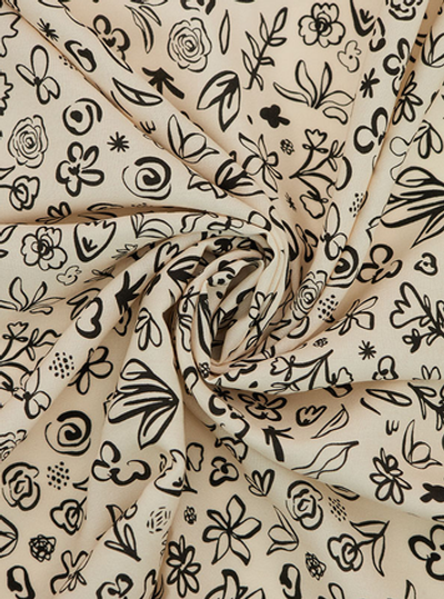 Ткань штапель принт Цветы ассорти мелкие черные на бежевом, 105 гр/м, ш. 142 см