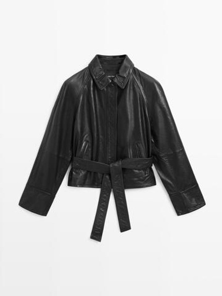 Massimo Dutti Куртка из кожи наппа с поясом, черный