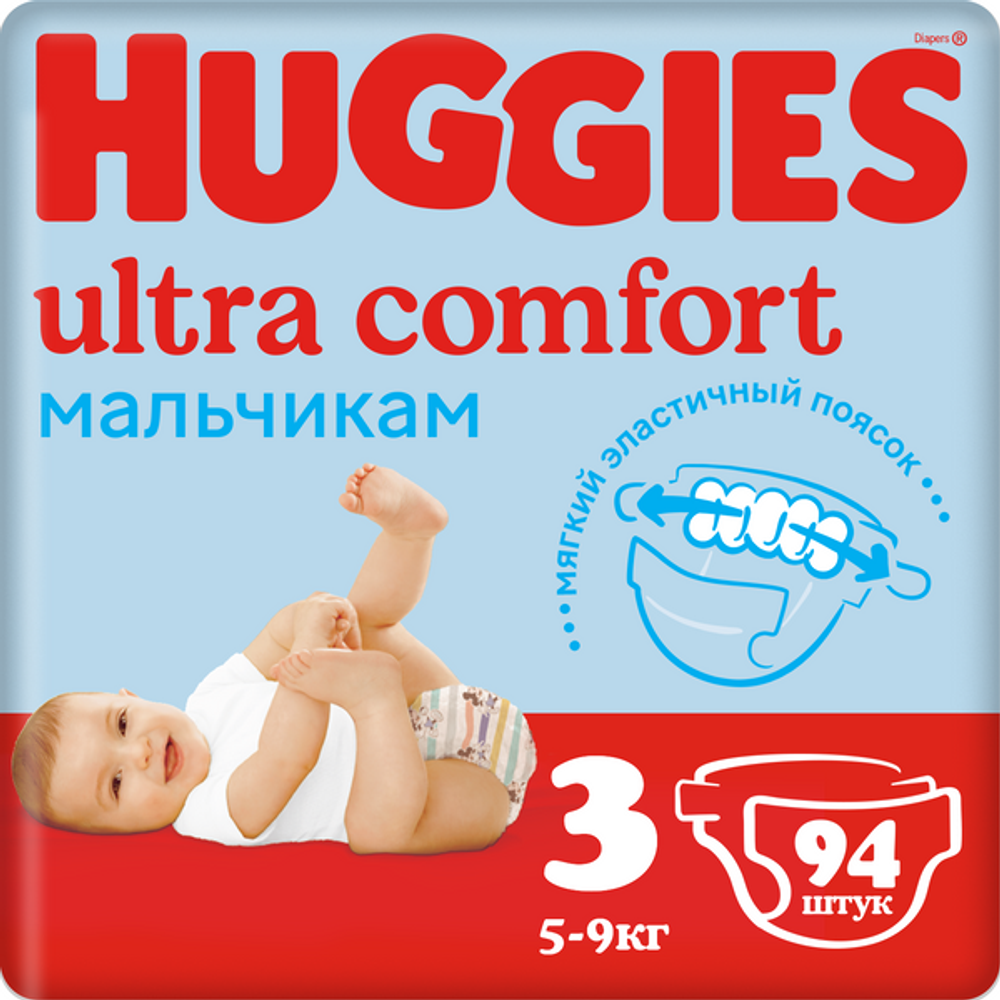 Подгузники Huggies Ultra Comfort для мальчиков 5-9кг, 3 размер, 94 шт