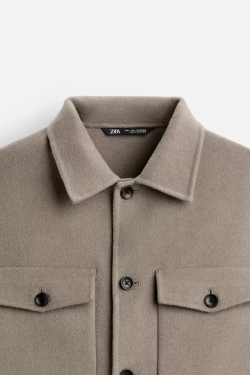 ZARA КУРТКА-РУБАШКА ИЗ СМЕСОВОЙ ШЕРСТИ, СЕРО-КОРИЧНЕВЫЙ
