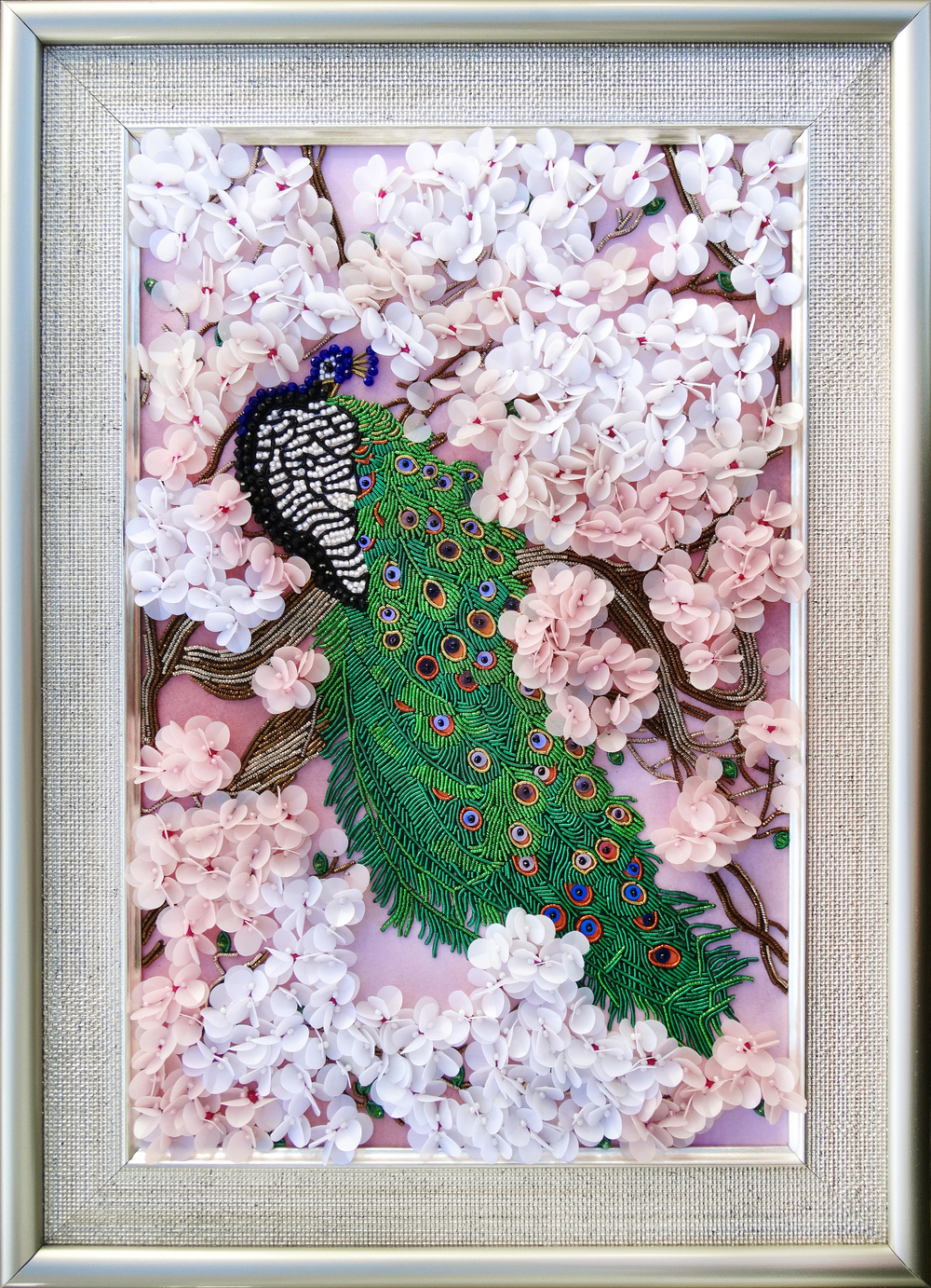 Принт-С12 Ткань с нанесенной авторской схемой Павлин на цветущей сакуре (+инструкция)