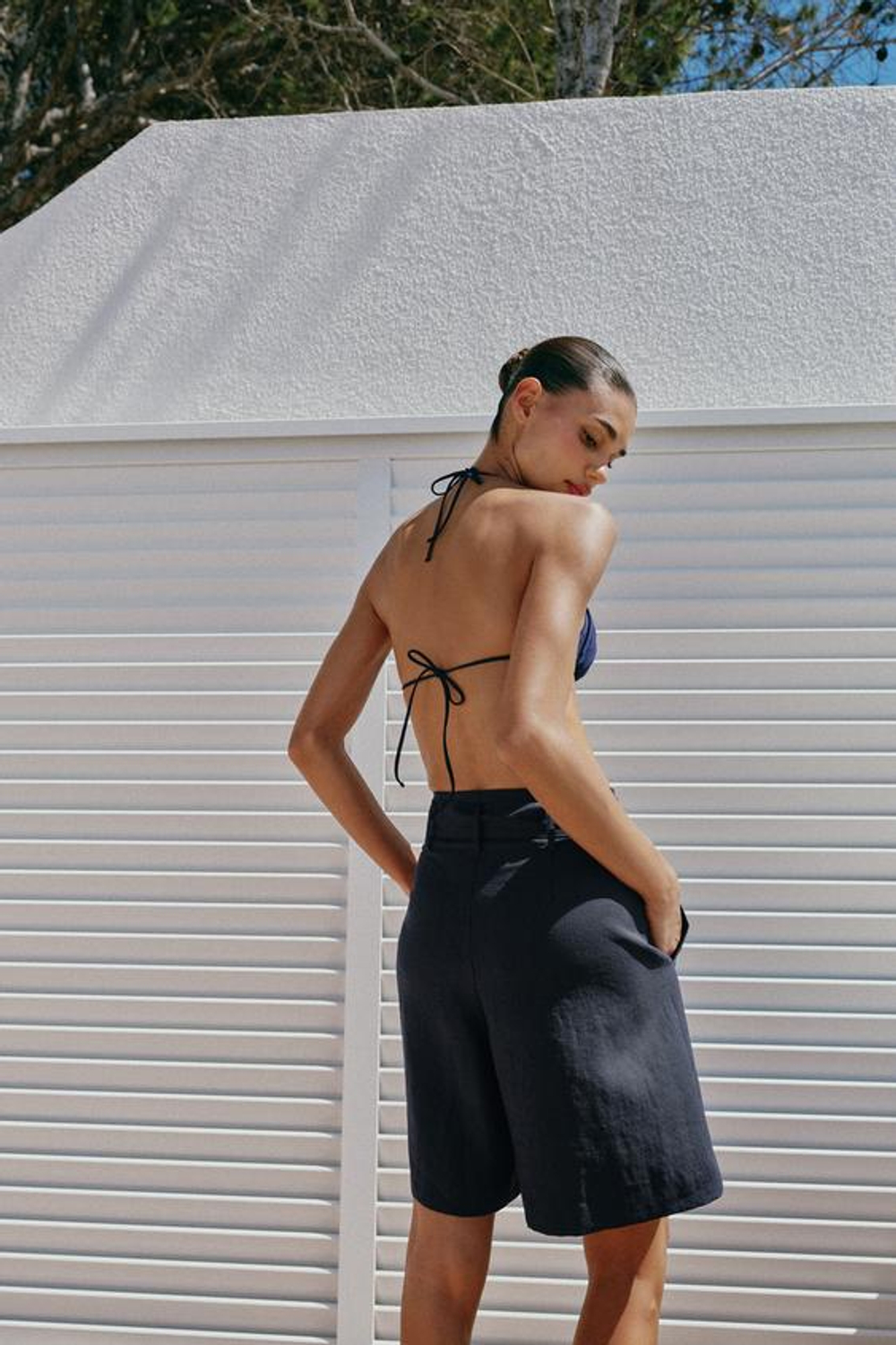 ZARA ШОРТЫ С ПОЯСОМ-БАНТОМ, МОРСКОЙ СИНИЙ