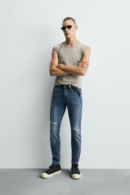 ZARA ДЖИНСЫ SKINNY FIT С РАЗРЕЗАМИ, ВЫЦВЕТШИЙ СИНИЙ