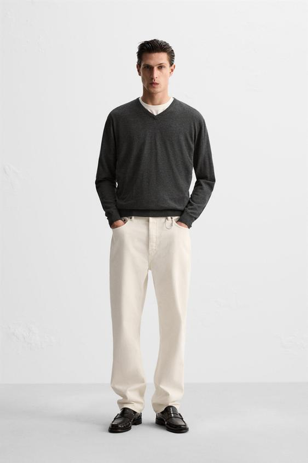 ZARA СВИТЕР ИЗ ЛЕГКОЙ ШЕРСТИ И КАШЕМИРА С V-ОБРАЗНЫМ ВЫРЕЗОМ, СЕРЫЙ С МЕЛАНЖЕВЫМ ЭФФЕКТОМ