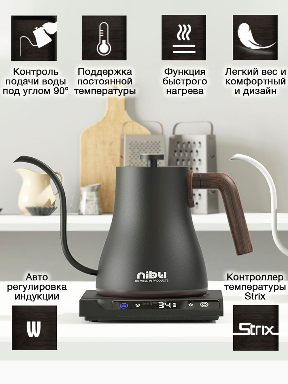 Чайник с регулировкой температуры нагрева (черный)