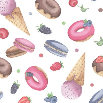 Мороженое, пончики и ягоды на белом фоне