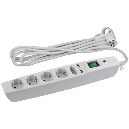 Удлинитель с сетевым фильтром 5х2м с заземл. 10А IP20 U-5es-2m-W 2хUSB ПВС 3х0.75 с выкл. защ. шторки бел. Эра C0043327