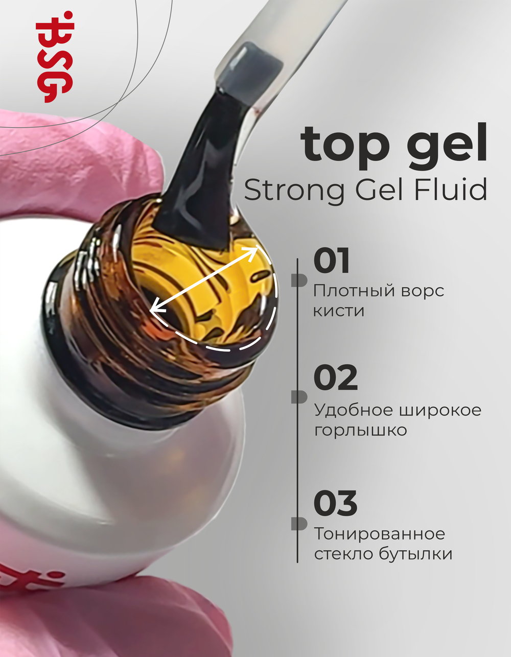 BSG Завершающий топ для ногтей Strong No UV глянцевый, БЕЗ УФ-фильтра, без липкого слоя (20 мл)