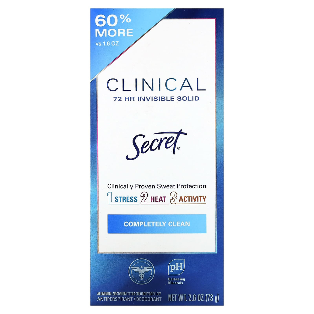 Secret, Clinical 72 HR, невидимый твердый дезодорант, полное очищение, 73 г (2,6 унции)