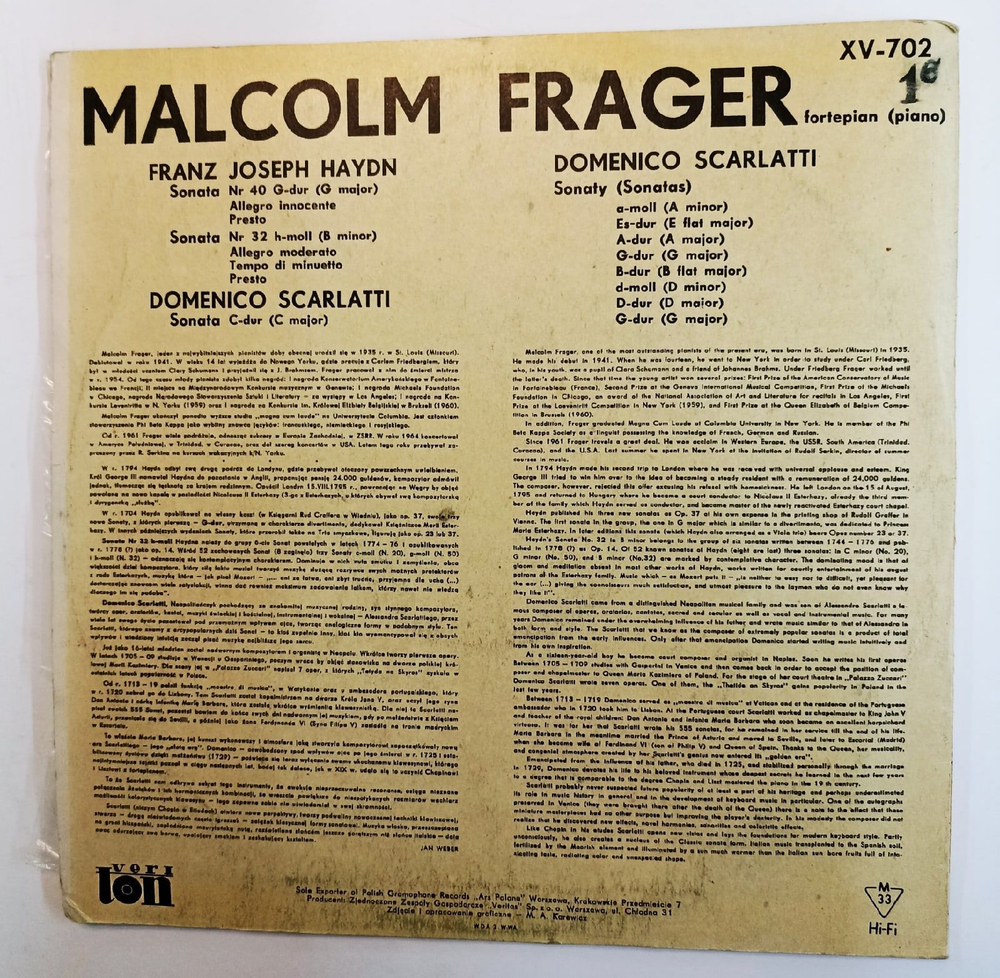 Винтажная виниловая пластинка Malcolm Frager, Franz Joseph Haydn Гайдн, Domenico Scarlatti Sonaty Sonatas (Poland)