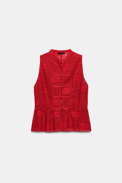 ZARA ТОП С ГИПЮРОВОЙ ОТДЕЛКОЙ И НАВЕСНЫМИ ПЕТЛЯМИ, КРАСНЫЙ