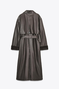 ZARA ДЛИННЫЙ ТРЕНЧ С ВОЩЕНЫМ ПОКРЫТИЕМ И ВЕЛЬВЕТОВЫМИ МАНЖЕТАМИ, ТЕМНО-КОРИЧНЕВЫЙ