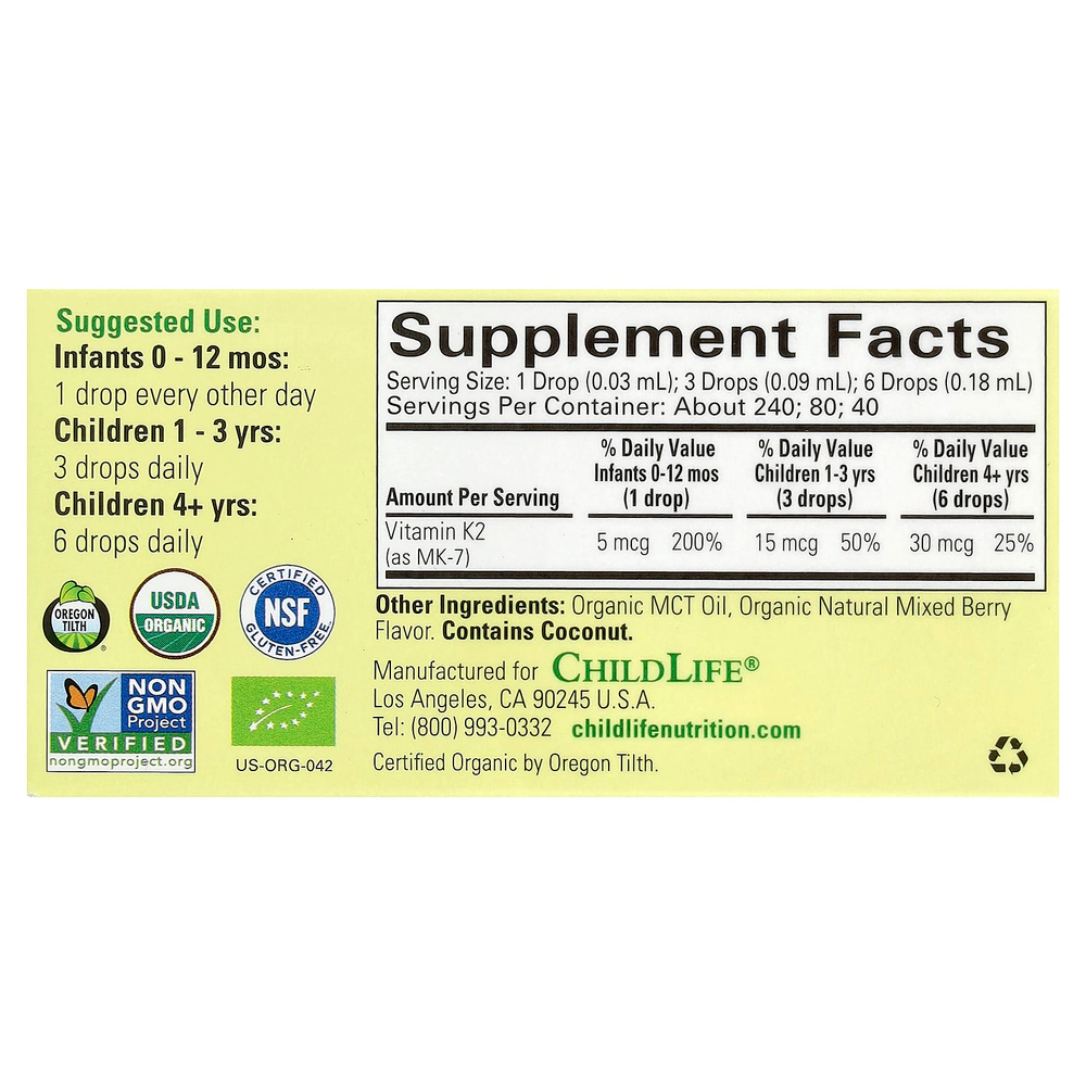 ChildLife Essentials, органический витамин K2 в каплях, натуральные ягоды, 5 мкг, 7,5 мл (0,25 жидк. унции)