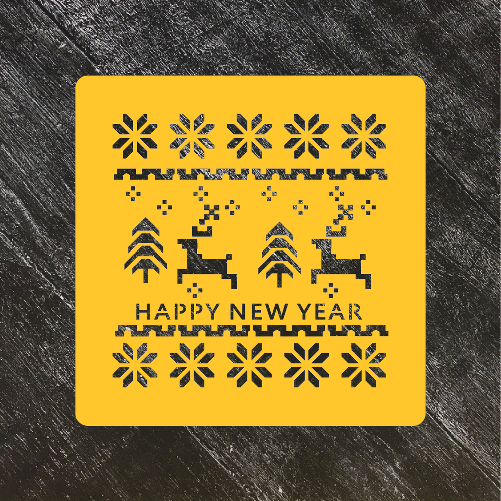 Трафарет новогодний №52 Норвежский узор Олени и снежинки/Счастливого Нового года