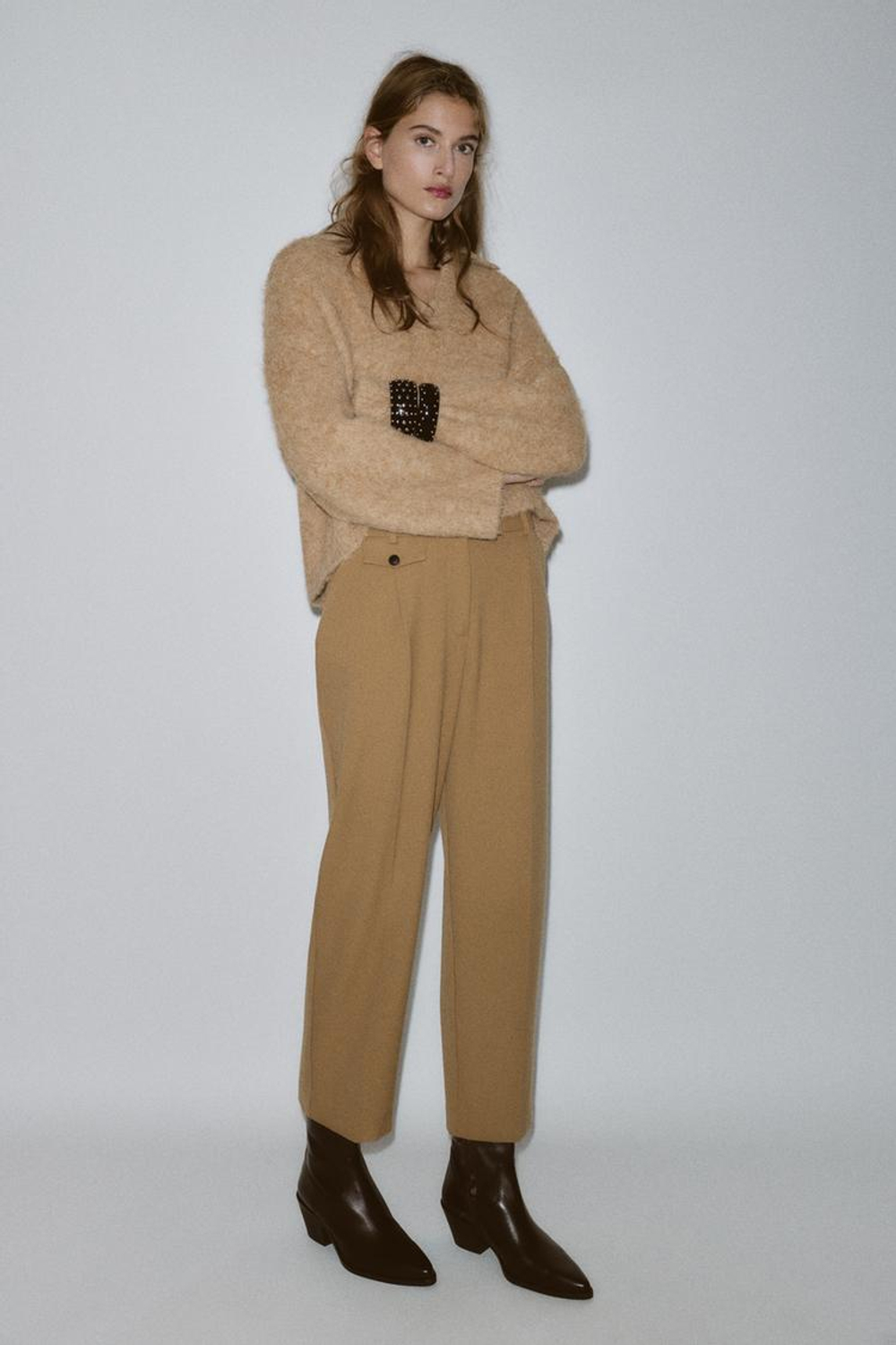 ZARA СВИТЕР ПОЛО ИЗ ВОРСИСТОГО ТРИКОТАЖА, РЫЖЕВАТО-КОРИЧНЕВЫЙ