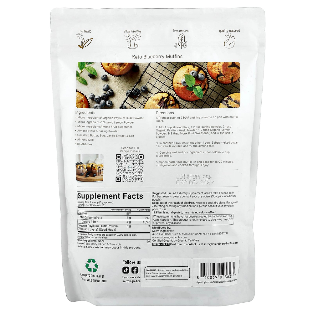 Micro Ingredients, Порошок из органической шелухи семян подорожника, 907 г (2 фунта)