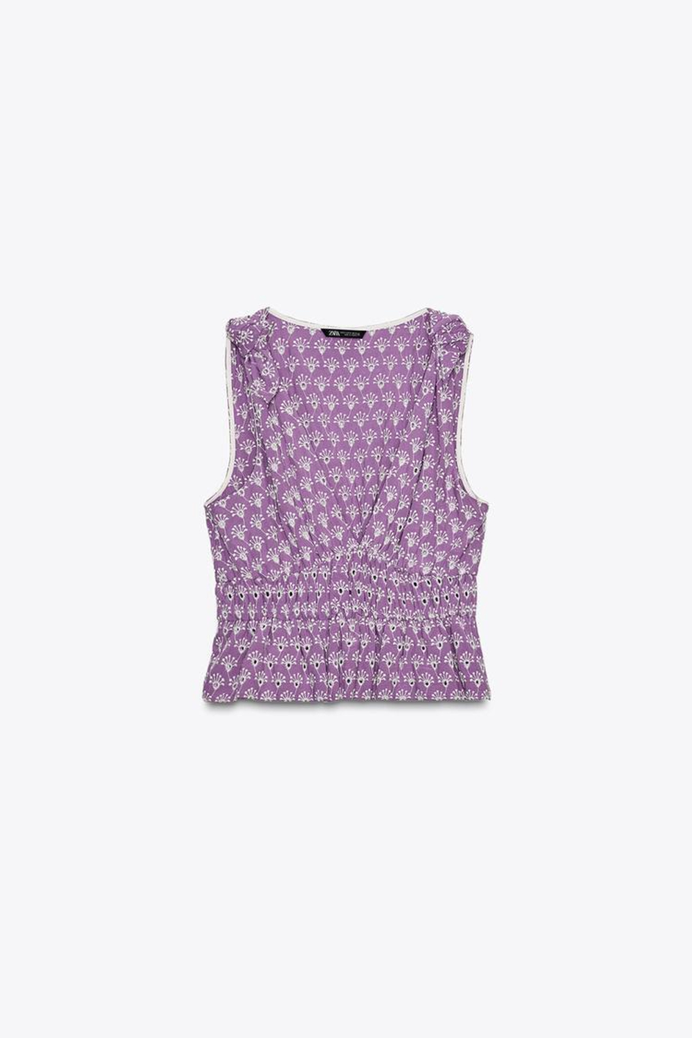 ZARA ТОП С ЗАВЯЗКАМИ И ПЕРФОРИРОВАННОЙ ВЫШИВКОЙ, ЛИЛОВЫЙ/БЕЛЫЙ