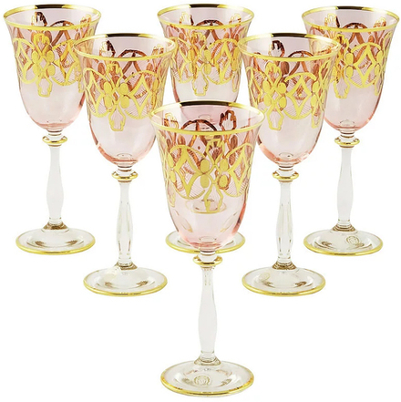Migliore De Luxe Набор бокалов для вина/воды Venezia, хрусталь розовый, декор золото 24К - 6шт