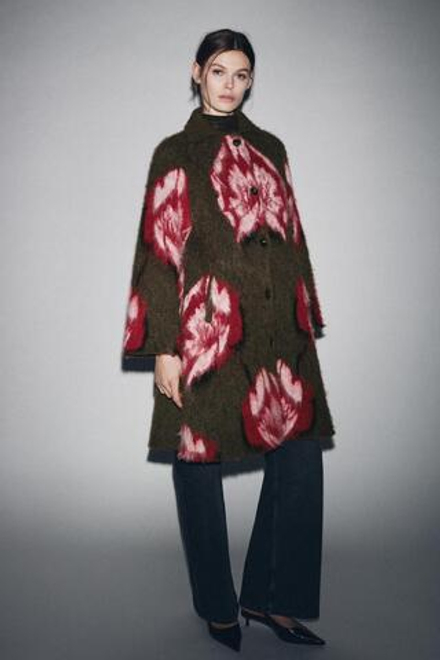 ZARA ЖАККАРДОВОЕ ПАЛЬТО ИЗ ВОРСОВОЙ ТКАНИ, КОРИЧНЕВЫЙ