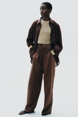 ZARA БРЮКИ ИЗ ТКАНИ С РЕЛЬЕФНЫМ УЗОРОМ, ШОКОЛАДНО-КОРИЧНЕВЫЙ