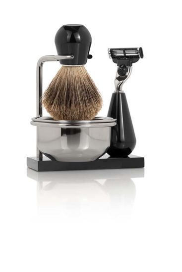 Бритвенный набор Mondial: станок, помазок, чаша, подставка. Цвет - черный