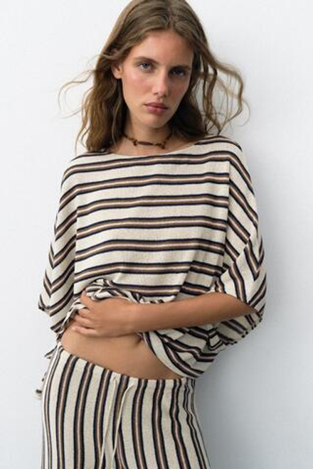 ZARA ТОП В РУСТИКАЛЬНОМ СТИЛЕ С КОРОТКИМИ РУКАВАМИ, ПОЛОСКИ