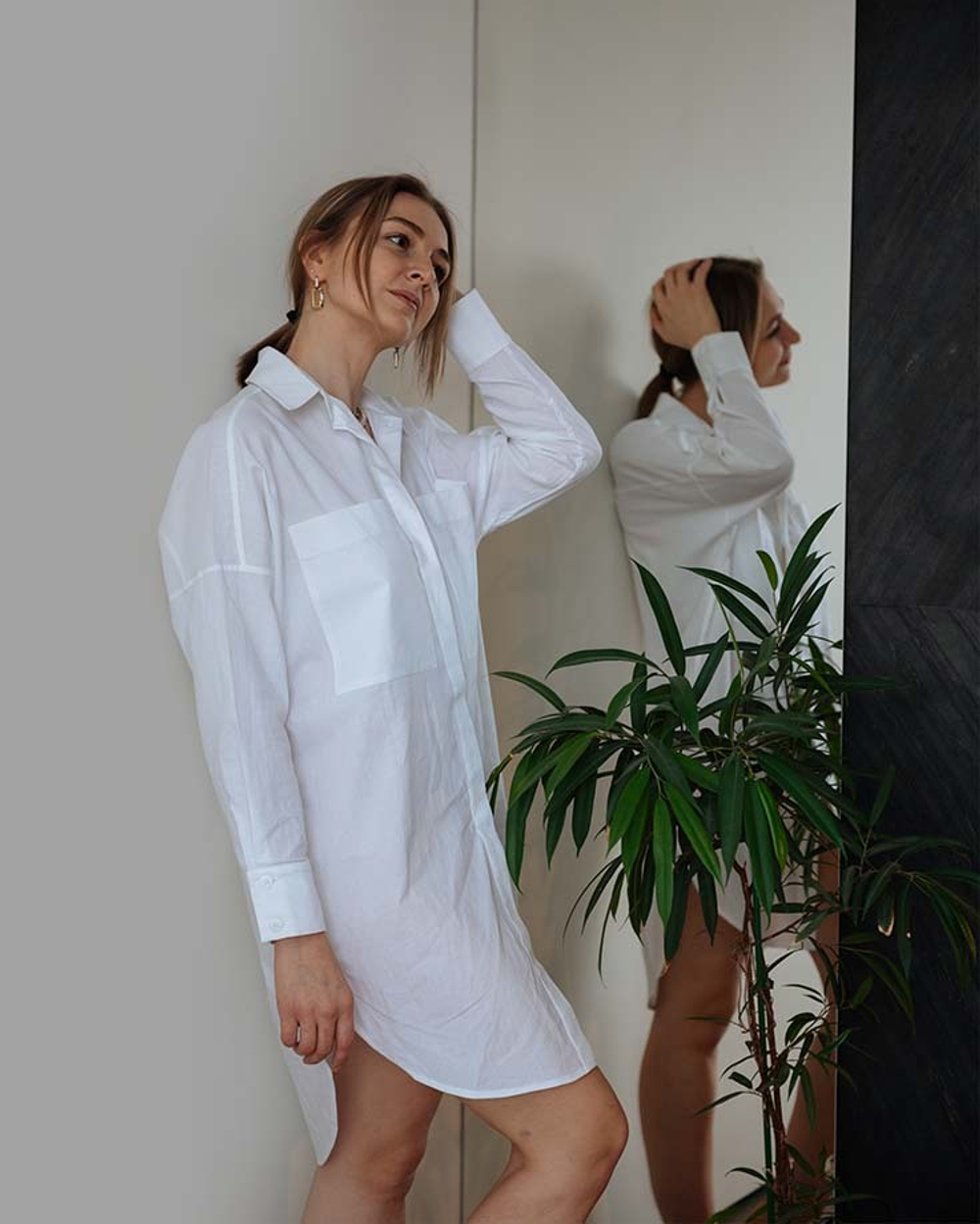 Длинная рубашка из вареного хлопка Белая