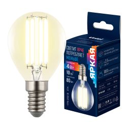 LED-G45-4W-3000K-E14-CL GLY01TR Лампа светодиодная. Форма шар. прозрачная. Серия Яркая A++. Теплый белый свет 3000K. Картон. ТМ Uniel