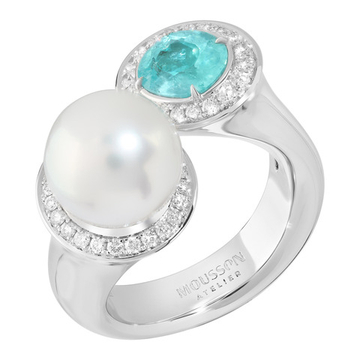 Кольцо С Турмалином Параиба, Белым Жемчугом и Бриллиантами, R0259-5/1