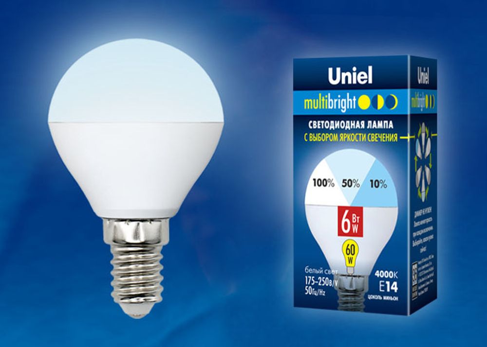 LED-G45-6W/NW/E14/FR/MB PLM11WH Лампа светодиодная. Форма «шар», матовая. Серия Multibright. Белый свет (4000K). 100-50-10. Картон. ТМ Uniel.