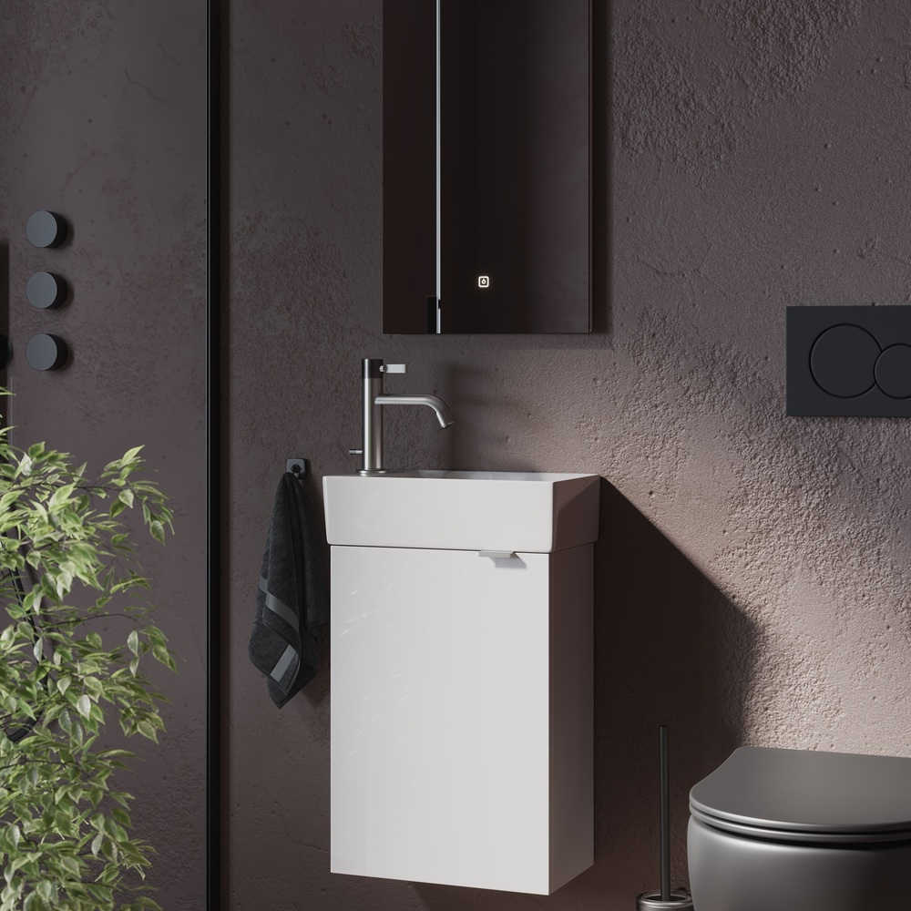 Тумба подвесная под раковину Sancos Mini, правая, белый глянец 355х205х500