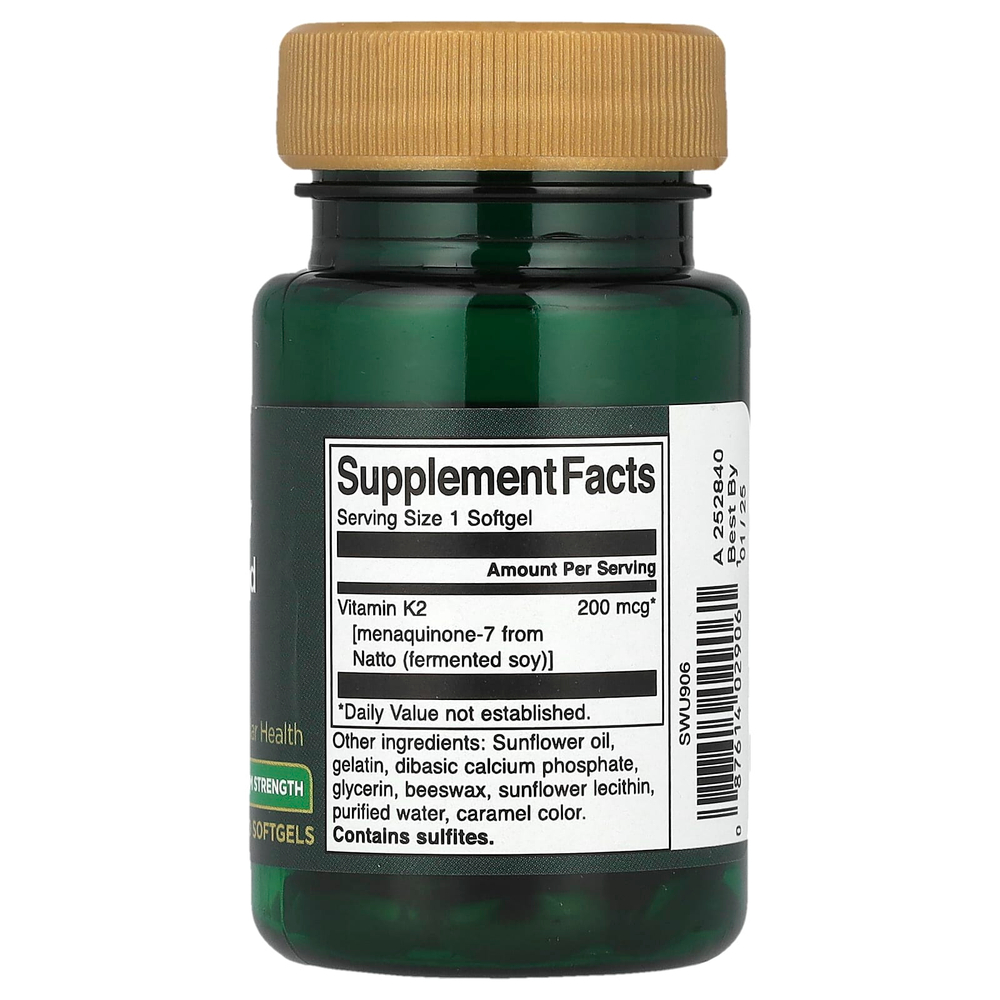 Swanson Vitamins, Real Food K2, витамин K2, максимальная сила действия, 200 мкг, 30 мягких таблеток