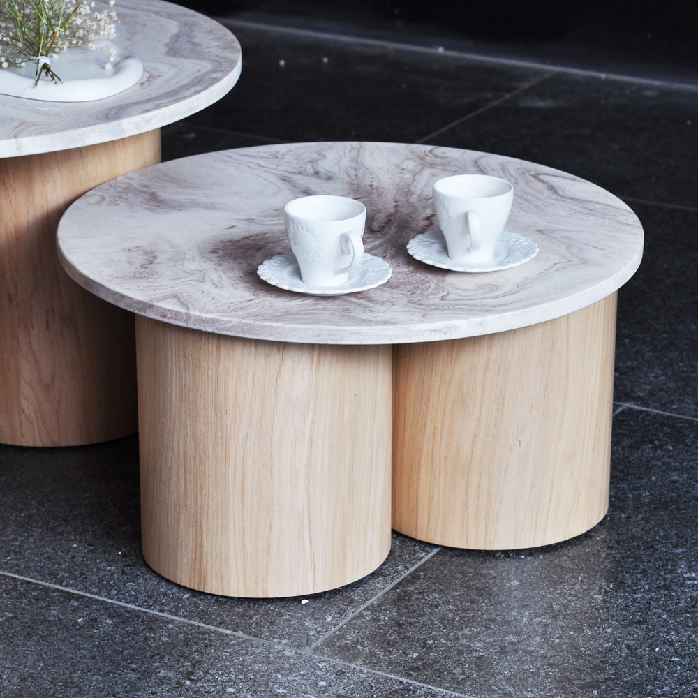 Комплект журнальных столиков с камнем Лейна лофт 2 шт, дизайнерский кофейный столик в гостиную, белый обеденный круглый стол