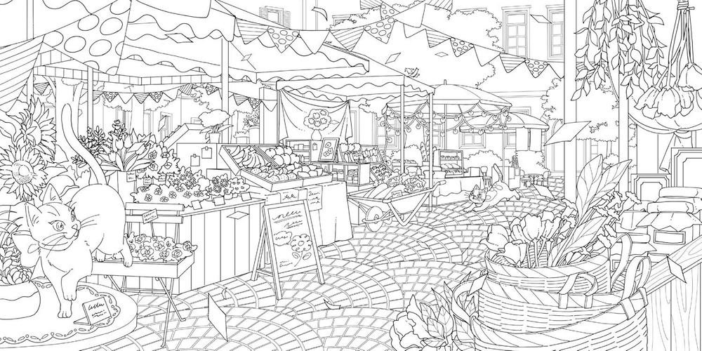 A floral journey of a cat seeking the joyful bell. Coloring Book