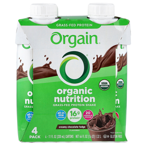 Orgain, Organic Nutrition, протеиновый коктейль из молока коров травяного откорма, сливочная шоколадная помадка, 4 пакетика по 330 мл (11 жидк. унций)